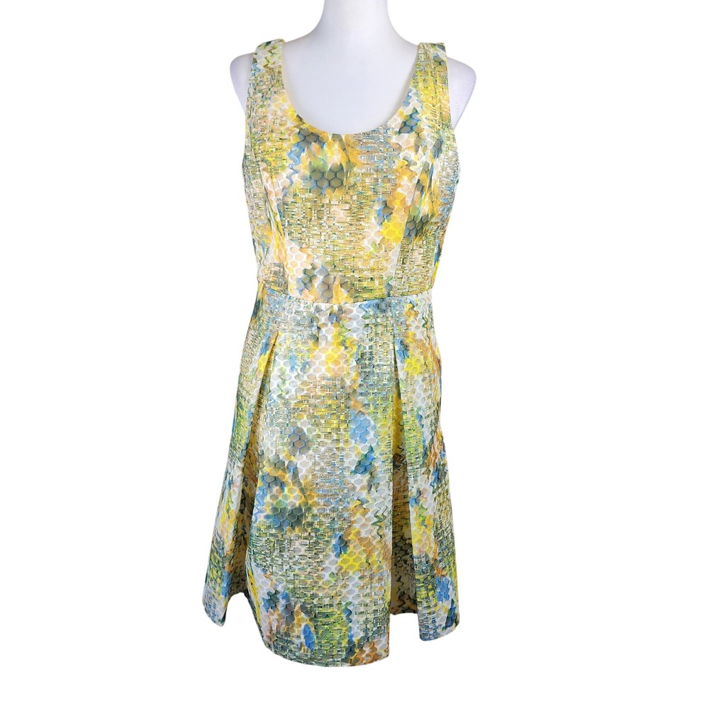 New York & Company Fit Flare‎ Dress Womens 6 Yellow Blue Honeycomb Mesh Wedding